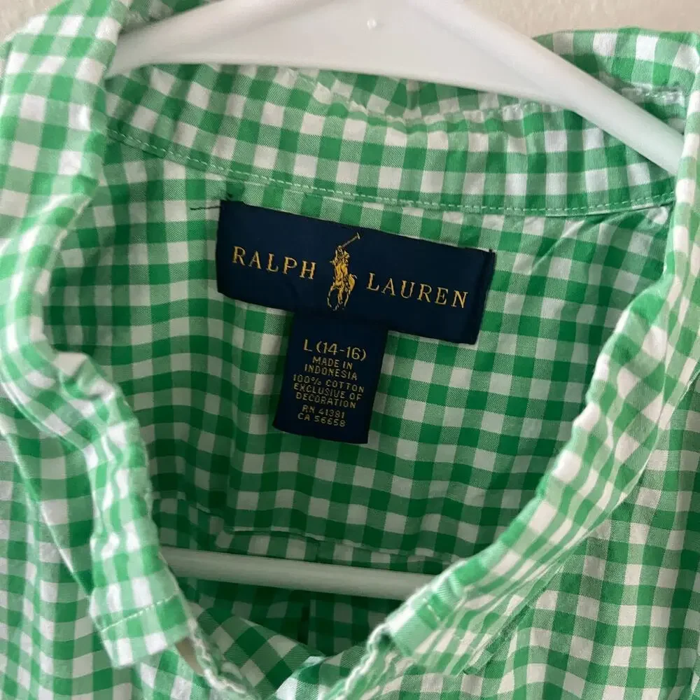 Ralph Lauren Boys Large 14/16 Green Gingham Plaid Button Down Shirt Long Sleeve